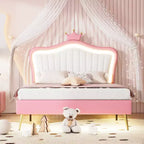 Testiera Bellemave a corona per letto a una piazza e mezza per bambine, letto imbottito a una piazza e mezza con luci a LED per bambini, rosa