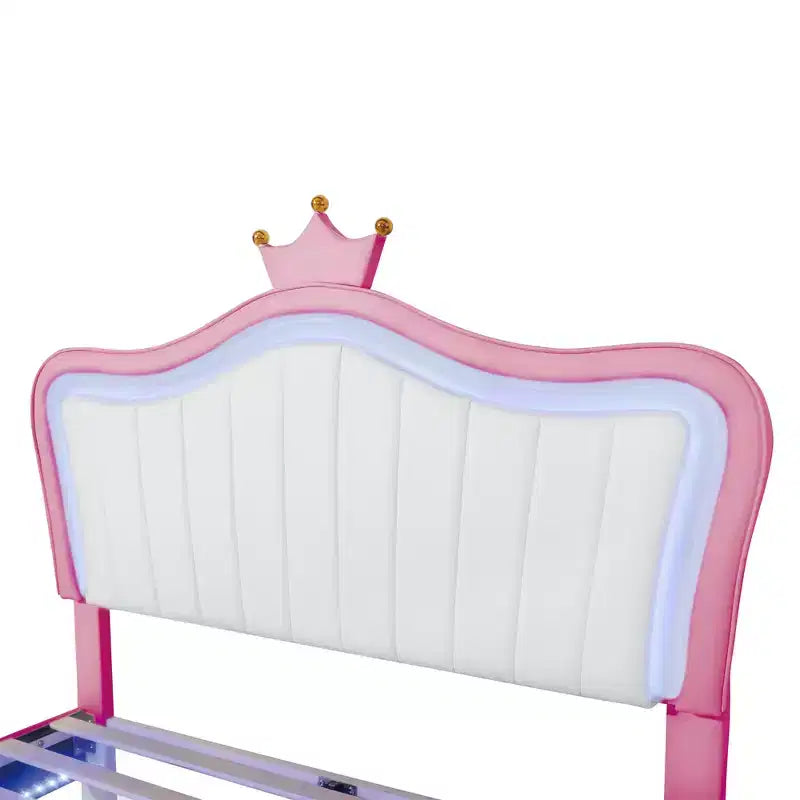 Testiera Bellemave a corona per letto a una piazza e mezza per bambine, letto imbottito a una piazza e mezza con luci a LED per bambini, rosa