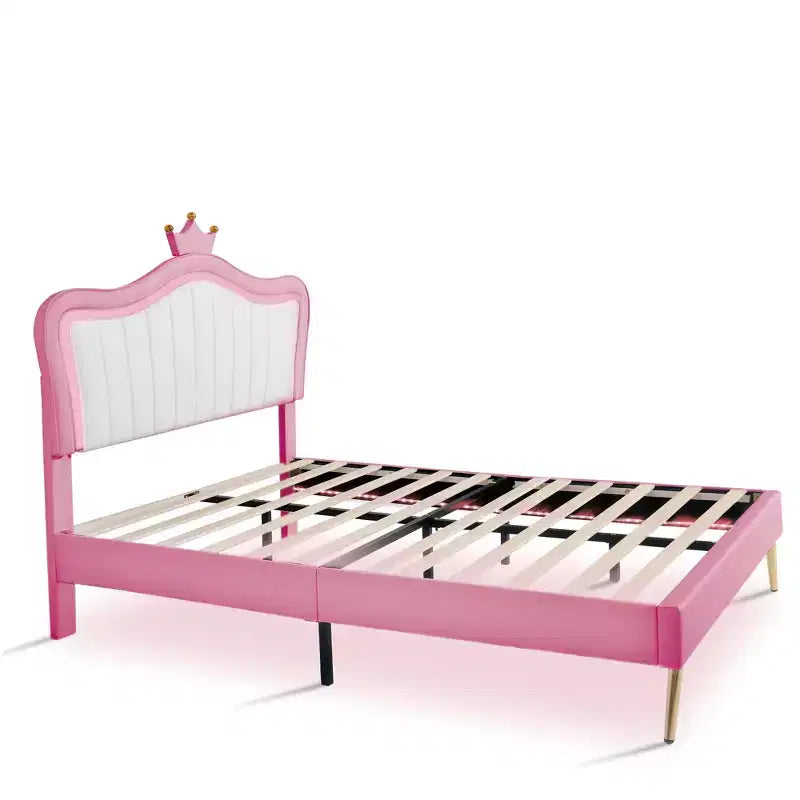 Testiera Bellemave a corona per letto a una piazza e mezza per bambine, letto imbottito a una piazza e mezza con luci a LED per bambini, rosa