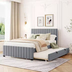 Bellemave Full Bed Frame with Trundle Bed,Velvet Upholstered Platform Bed Frame,Full Size Trundle Bed with Headboard for Kids Teens Adults (Gray)