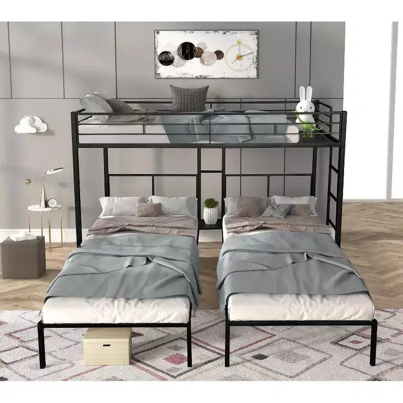 Bellemave Letto a castello triplo per 3 bambini, in metallo con doghe in legno e tavolo, struttura a rumore ridotto, nero