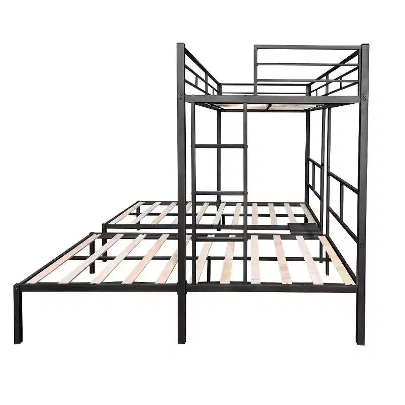 Bellemave Letto a castello triplo per 3 bambini, in metallo con doghe in legno e tavolo, struttura a rumore ridotto, nero