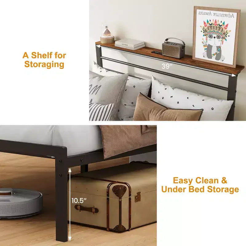 Struttura letto Heynemo, letto a piattaforma vintage industriale con contenitore, testiera in legno, contenitore retrò, luci a LED, stazione di ricarica, design silenzioso