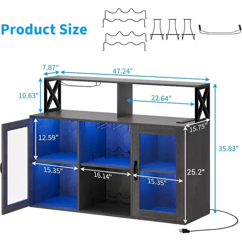 Mobile bar da vino a colonna con luce LED e prese di corrente integrate, include portabottiglie e portacalici per cucina, soggiorno e sala da pranzo