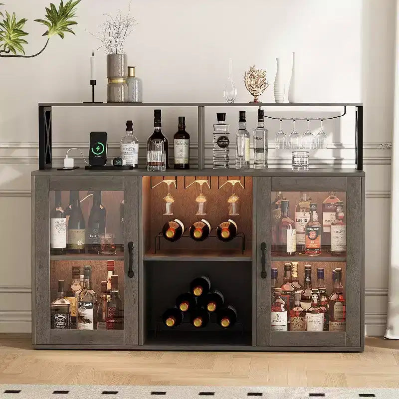 Mobile bar da vino a colonna con luce LED e prese di corrente integrate, include portabottiglie e portacalici per cucina, soggiorno e sala da pranzo