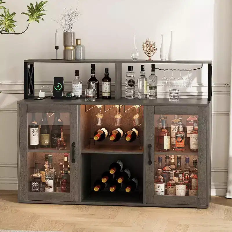 Mobile bar da vino a colonna con luce LED e prese di corrente integrate, include portabottiglie e portacalici per cucina, soggiorno e sala da pranzo
