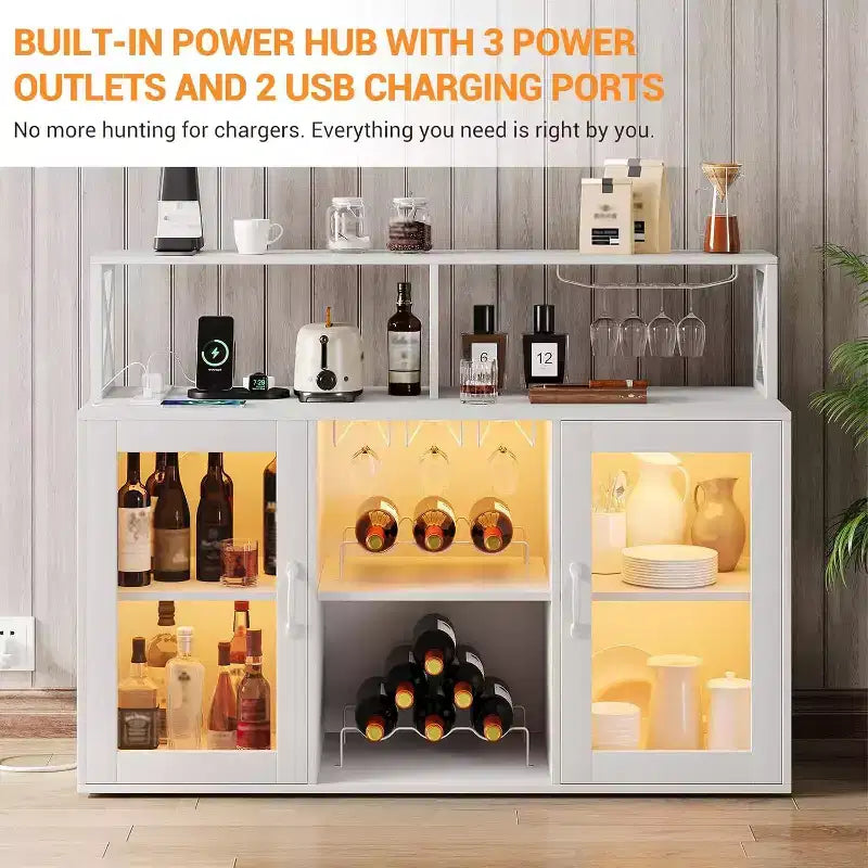 Mobile bar da vino a colonna con luce LED e prese di corrente integrate, include portabottiglie e portacalici per cucina, soggiorno e sala da pranzo
