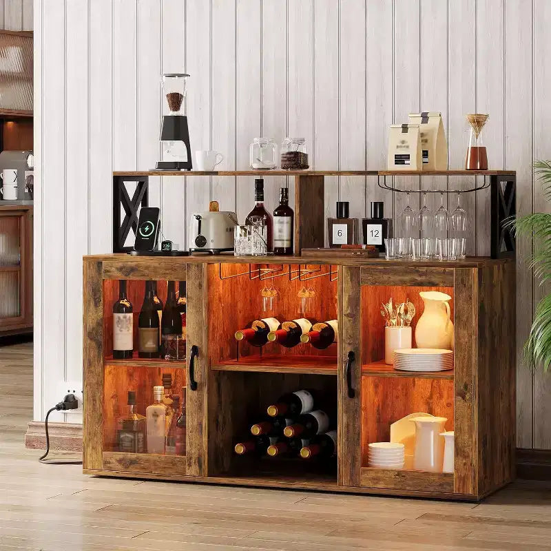 Mobile bar da vino a colonna con luce LED e prese di corrente integrate, include portabottiglie e portacalici per cucina, soggiorno e sala da pranzo