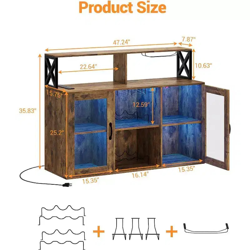 Mobile bar da vino a colonna con luce LED e prese di corrente integrate, include portabottiglie e portacalici per cucina, soggiorno e sala da pranzo