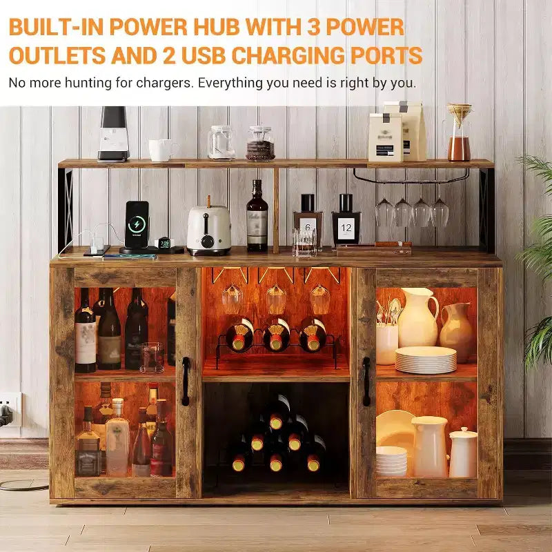 Mobile bar da vino a colonna con luce LED e prese di corrente integrate, include portabottiglie e portacalici per cucina, soggiorno e sala da pranzo