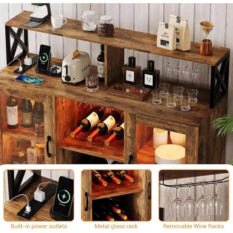 Mobile bar da vino a colonna con luce LED e prese di corrente integrate, include portabottiglie e portacalici per cucina, soggiorno e sala da pranzo