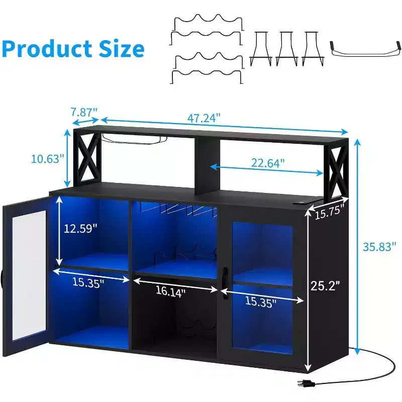 Mobile bar da vino a colonna con luce LED e prese di corrente integrate, include portabottiglie e portacalici per cucina, soggiorno e sala da pranzo