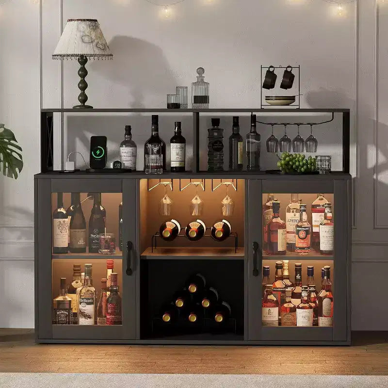 Mobile bar da vino a colonna con luce LED e prese di corrente integrate, include portabottiglie e portacalici per cucina, soggiorno e sala da pranzo