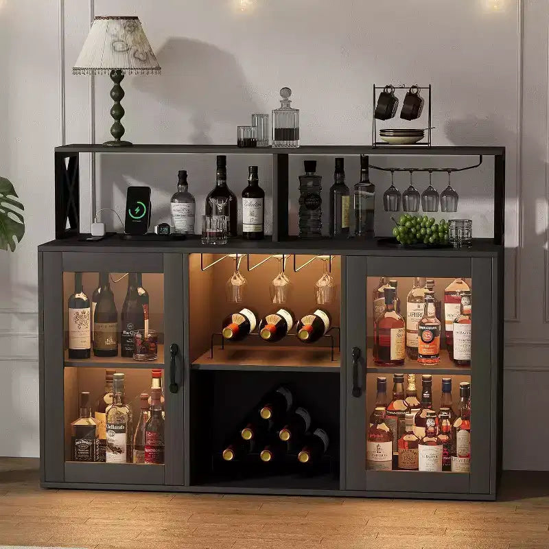 Mobile bar da vino a colonna con luce LED e prese di corrente integrate, include portabottiglie e portacalici per cucina, soggiorno e sala da pranzo