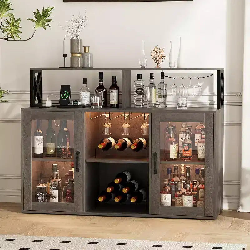 Mobile bar da vino a colonna con luce LED e prese di corrente integrate, include portabottiglie e portacalici per cucina, soggiorno e sala da pranzo