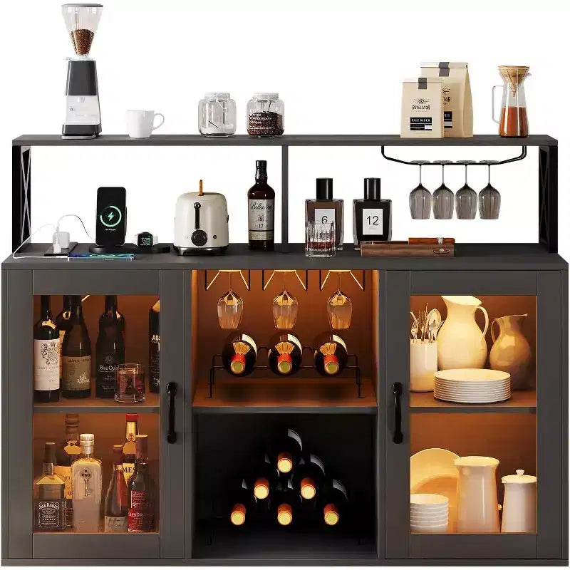 Freestanding Wine Bar Cabinet with LED Light & Built-in Power Outlets, Includes Wine Rack & Glass Holder for Kitchen, Living Room, & Dining Room