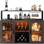 Freestanding Wine Bar Cabinet with LED Light & Built-in Power Outlets, Includes Wine Rack & Glass Holder for Kitchen, Living Room, & Dining Room
