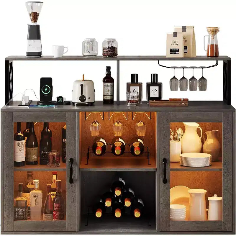 Mobile bar da vino a colonna con luce LED e prese di corrente integrate, include portabottiglie e portacalici per cucina, soggiorno e sala da pranzo