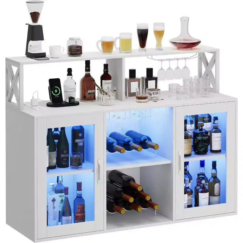Mobile bar da vino a colonna con luce LED e prese di corrente integrate, include portabottiglie e portacalici per cucina, soggiorno e sala da pranzo