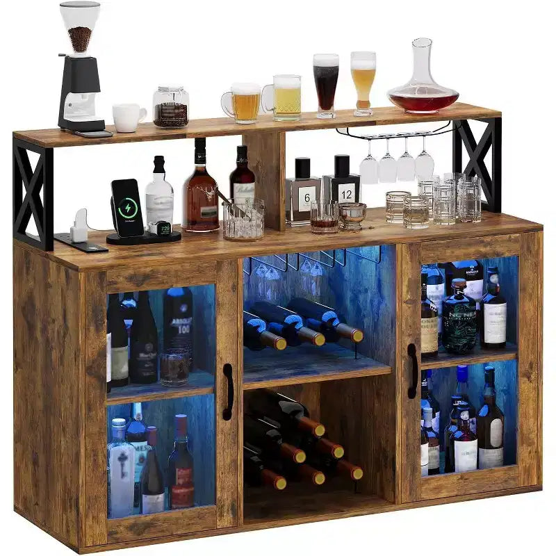Mobile bar da vino a colonna con luce LED e prese di corrente integrate, include portabottiglie e portacalici per cucina, soggiorno e sala da pranzo