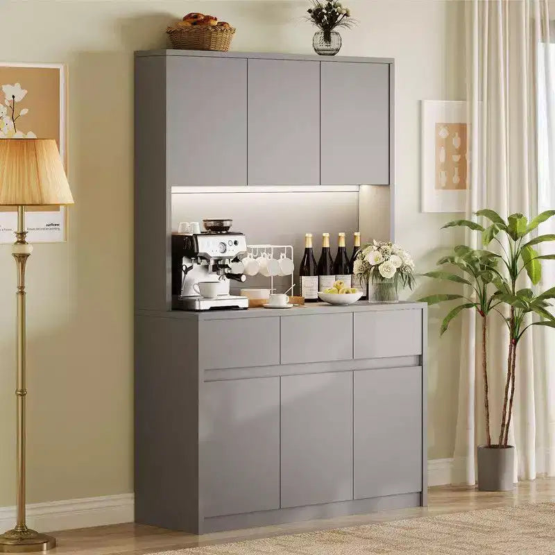 Coolmee Mobile Dispensa da Cucina da 71 pollici, Credenza con Luci a LED e Prese di Corrente, Madia con Supporto per Microonde, Ripiani Regolabili
