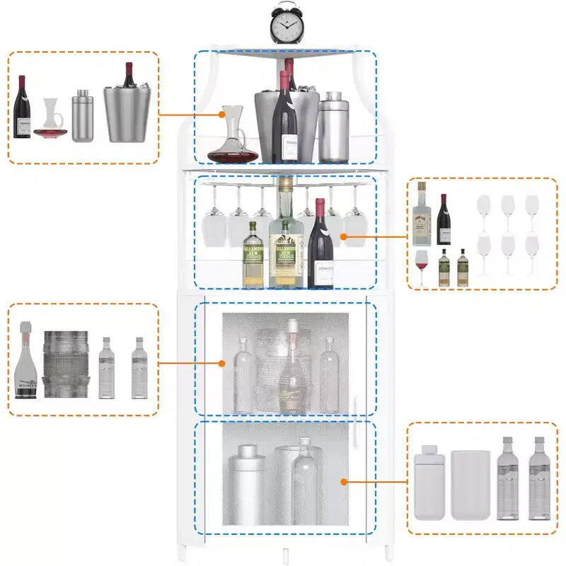 29 Mobile angolare portabottiglie bianco per piccoli spazi, capacità oltre 50 bottiglie e bicchieri, mobile contenitore in MDF con piano bar per liquori e accessori da cocktail