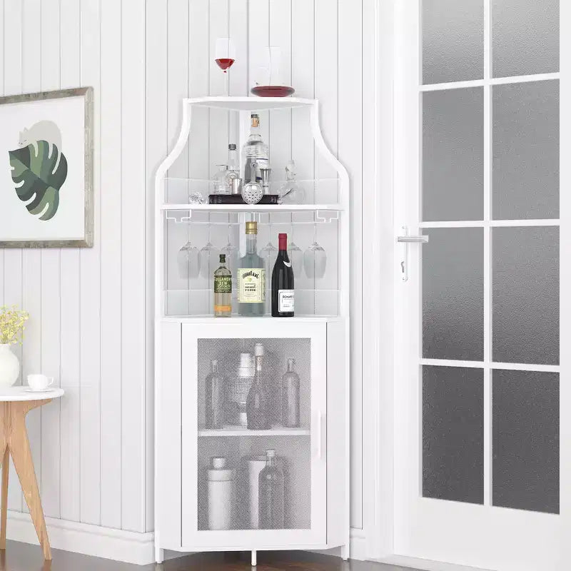 29 Mobile angolare portabottiglie bianco per piccoli spazi, capacità oltre 50 bottiglie e bicchieri, mobile contenitore in MDF con piano bar per liquori e accessori da cocktail