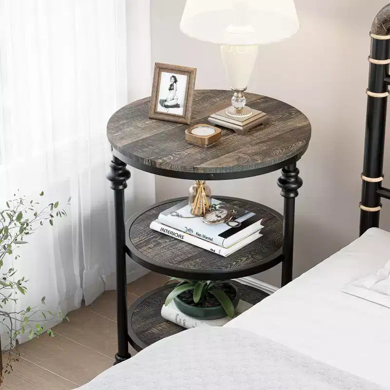 CuisinSmart Tavolino Rotondo a 3 Livelli con Ripiani, Tavolino Laterale Rotondo Rustico da Fattoria con Gambe in Metallo per Soggiorno Camera da Letto