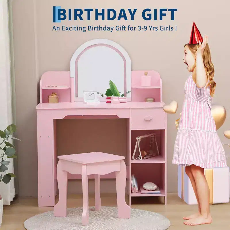 Specchio da trucco per bambini, tavolo e sgabello da trucco 2 in 1 per bambine, trucco per bambini con libreria, cassetto e ripiani aperti per bambine, bianco