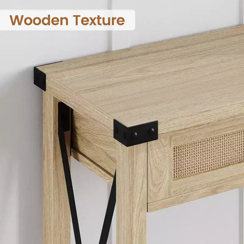 Tavolo da ingresso in stile rustico con 2 cassetti, console in legno con dettagli in rattan, perfetto per soggiorno, ingresso, corridoio