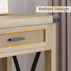 Tavolo da ingresso in stile rustico con 2 cassetti, console in legno con dettagli in rattan, perfetto per soggiorno, ingresso, corridoio