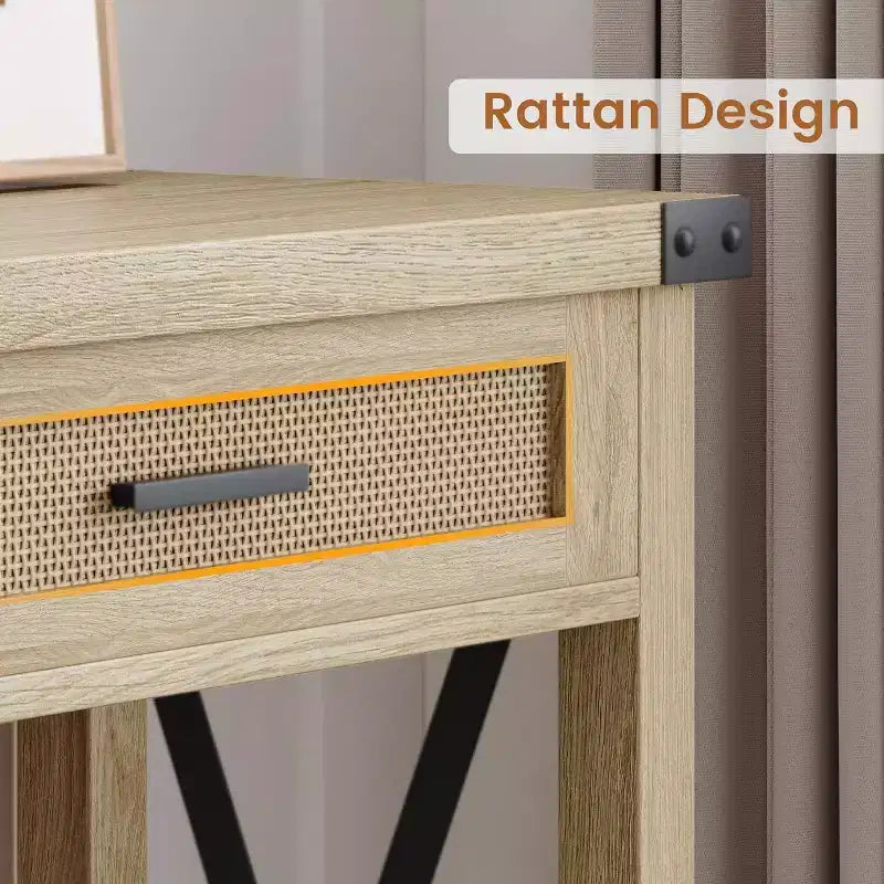 Tavolo da ingresso in stile rustico con 2 cassetti, console in legno con dettagli in rattan, perfetto per soggiorno, ingresso, corridoio