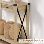Tavolo da ingresso in stile rustico con 2 cassetti, console in legno con dettagli in rattan, perfetto per soggiorno, ingresso, corridoio