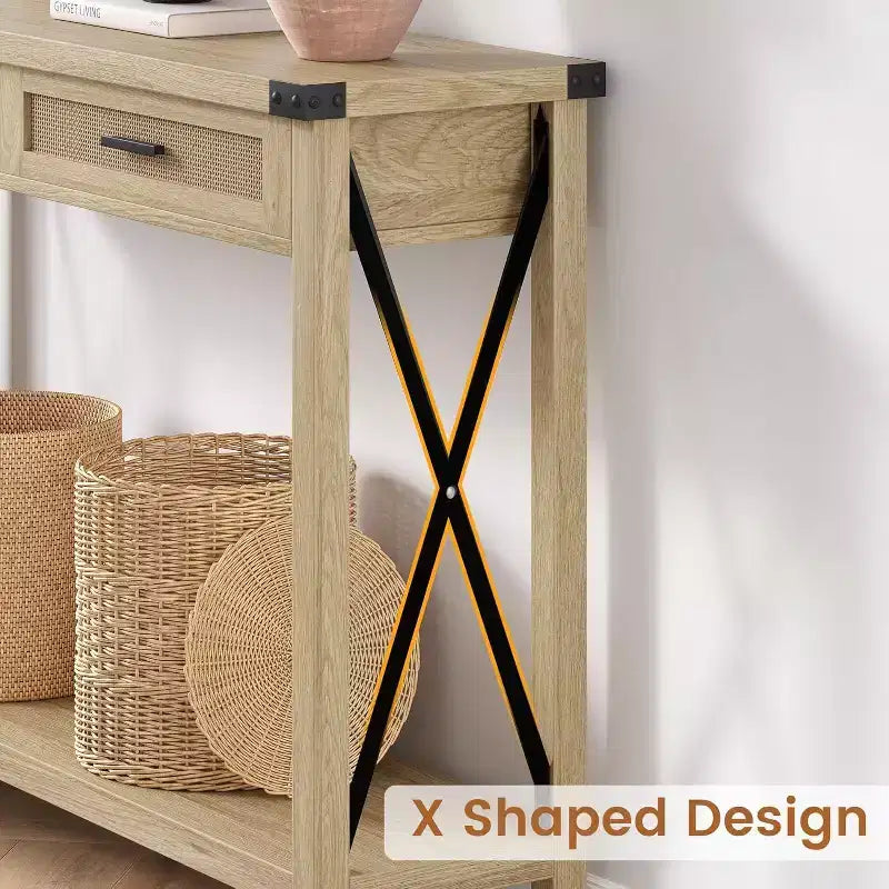 Tavolo da ingresso in stile rustico con 2 cassetti, console in legno con dettagli in rattan, perfetto per soggiorno, ingresso, corridoio