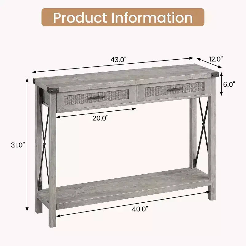 Tavolo da ingresso in stile rustico con 2 cassetti, console in legno con dettagli in rattan, perfetto per soggiorno, ingresso, corridoio