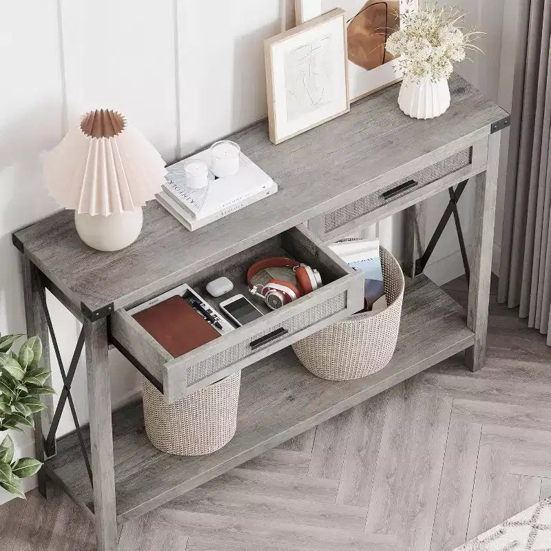 Tavolo da ingresso in stile rustico con 2 cassetti, console in legno con dettagli in rattan, perfetto per soggiorno, ingresso, corridoio