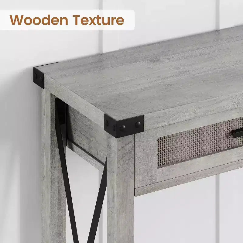 Tavolo da ingresso in stile rustico con 2 cassetti, console in legno con dettagli in rattan, perfetto per soggiorno, ingresso, corridoio