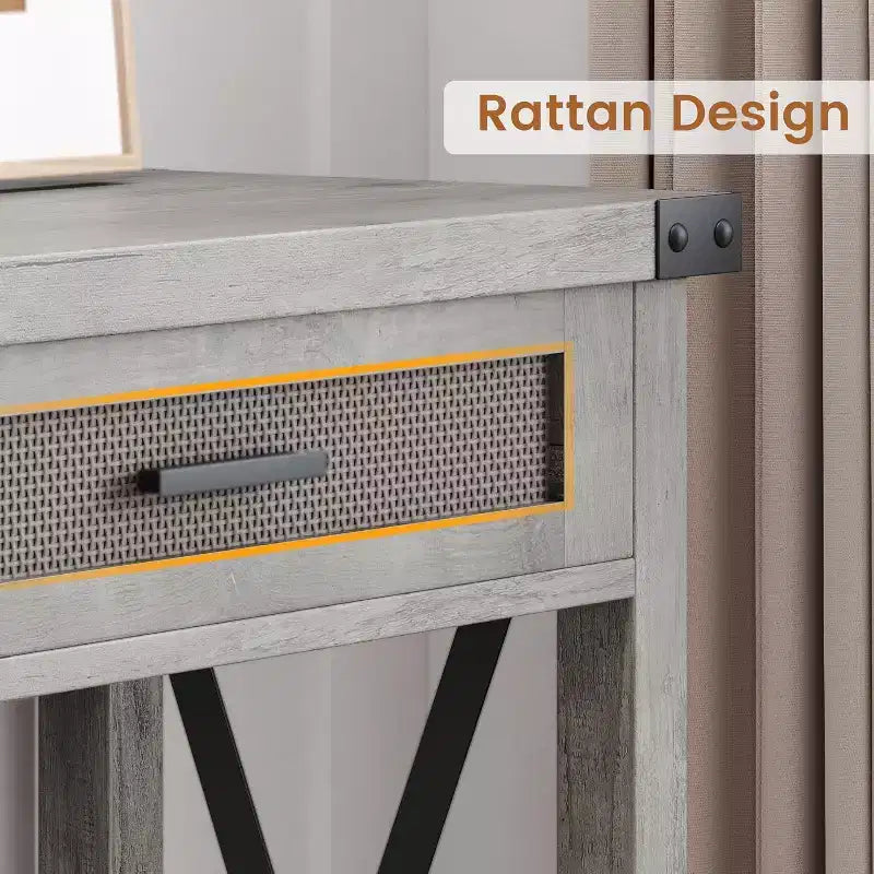 Tavolo da ingresso in stile rustico con 2 cassetti, console in legno con dettagli in rattan, perfetto per soggiorno, ingresso, corridoio
