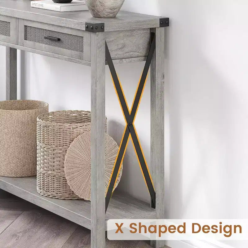 Tavolo da ingresso in stile rustico con 2 cassetti, console in legno con dettagli in rattan, perfetto per soggiorno, ingresso, corridoio