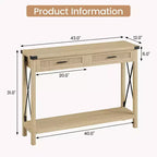 Tavolo da ingresso in stile rustico con 2 cassetti, console in legno con dettagli in rattan, perfetto per soggiorno, ingresso, corridoio