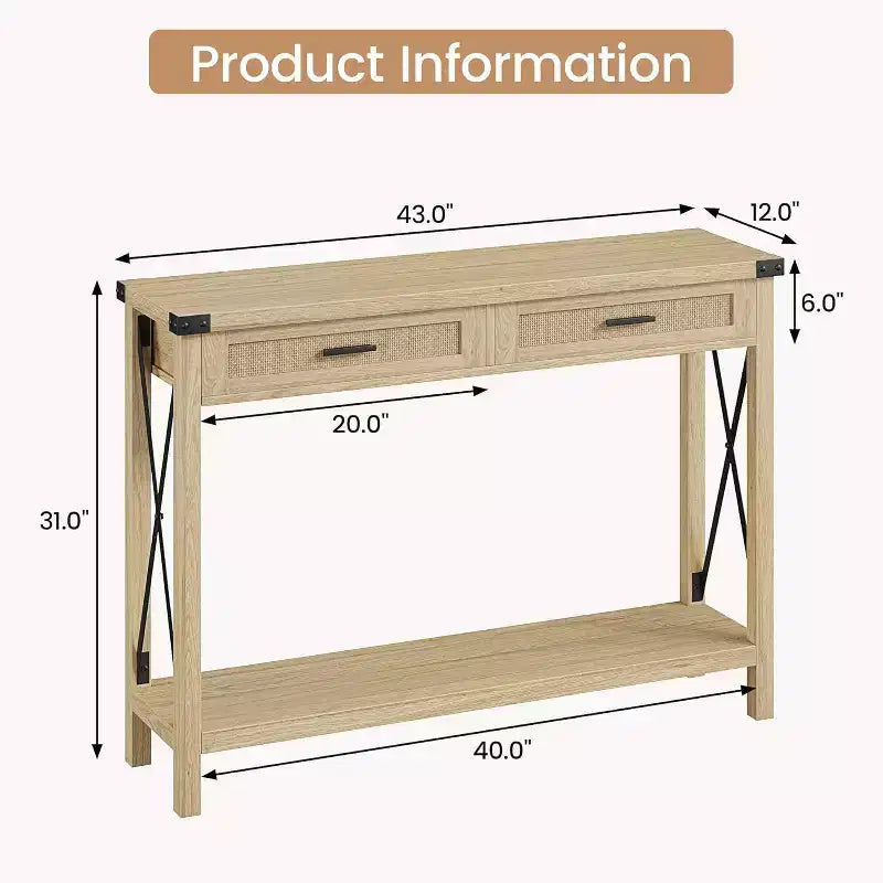 Tavolo da ingresso in stile rustico con 2 cassetti, console in legno con dettagli in rattan, perfetto per soggiorno, ingresso, corridoio