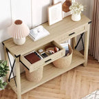 Tavolo da ingresso in stile rustico con 2 cassetti, console in legno con dettagli in rattan, perfetto per soggiorno, ingresso, corridoio