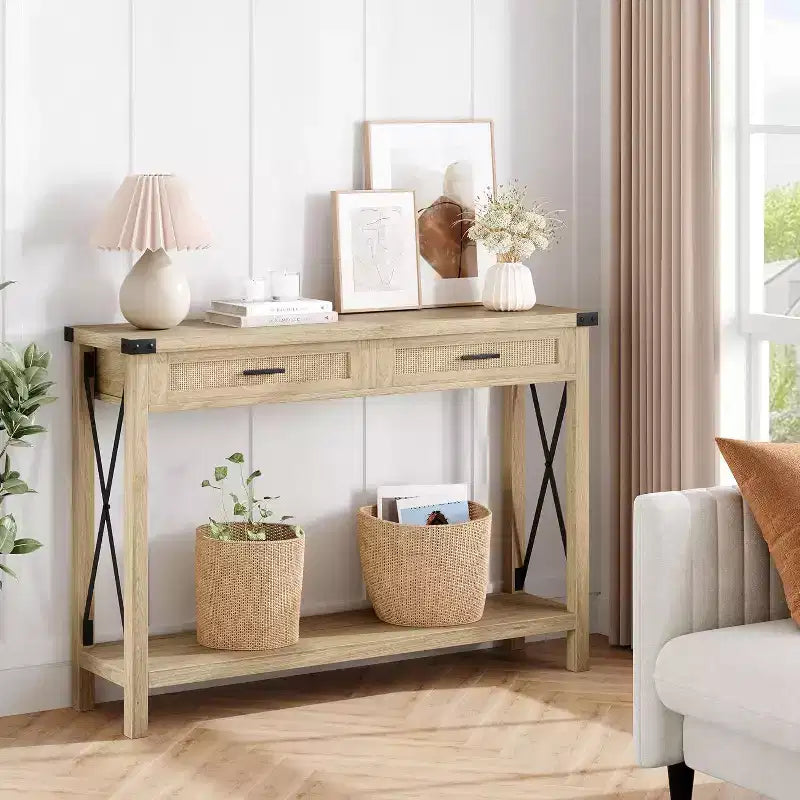 Tavolo da ingresso in stile rustico con 2 cassetti, console in legno con dettagli in rattan, perfetto per soggiorno, ingresso, corridoio