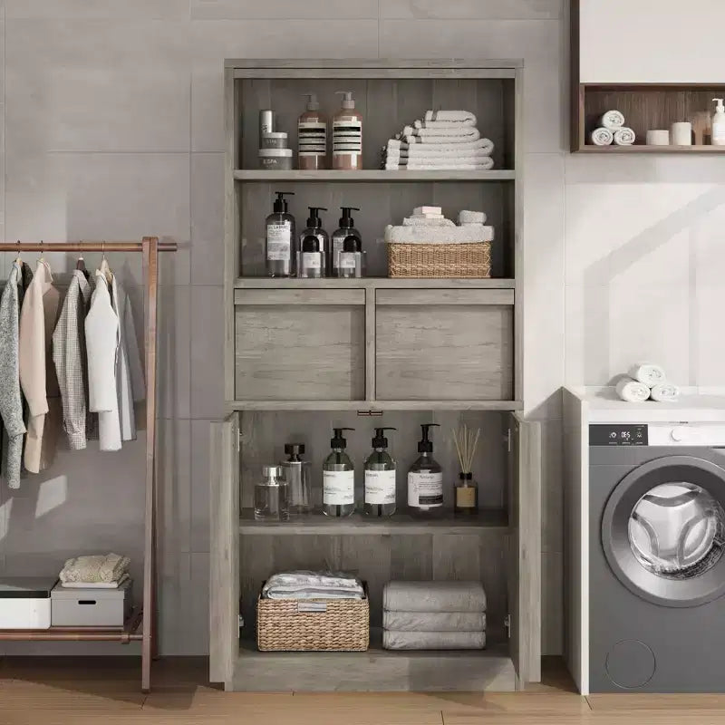 Mobiletto da bagno alto, Armadietto da terra con ante e 2 cassetti, Organizzatore da bagno alto 130 cm autoportante per bagno, soggiorno