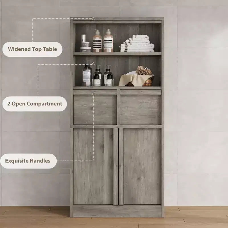 Mobiletto da bagno alto, Armadietto da terra con ante e 2 cassetti, Organizzatore da bagno alto 130 cm autoportante per bagno, soggiorno