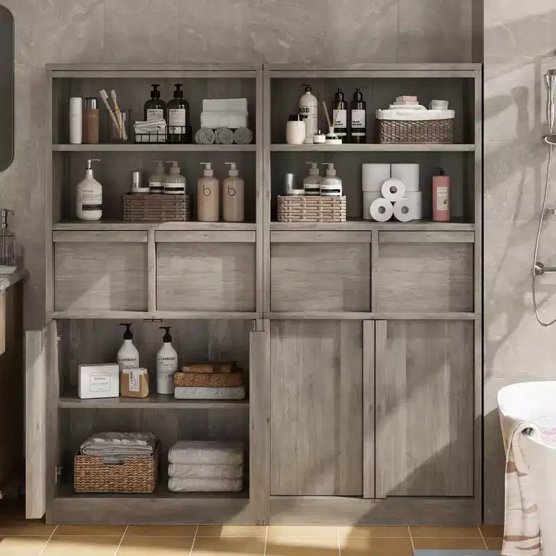 Mobiletto da bagno alto, Armadietto da terra con ante e 2 cassetti, Organizzatore da bagno alto 130 cm autoportante per bagno, soggiorno