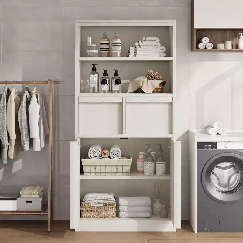 Mobiletto da bagno alto, Armadietto da terra con ante e 2 cassetti, Organizzatore da bagno alto 130 cm autoportante per bagno, soggiorno