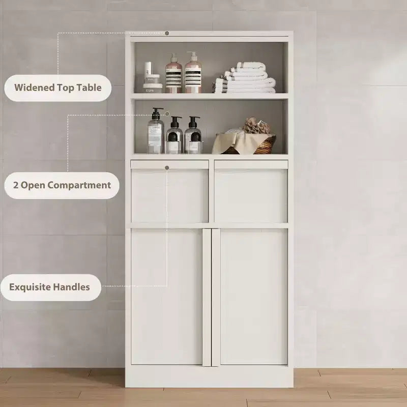 Mobiletto da bagno alto, Armadietto da terra con ante e 2 cassetti, Organizzatore da bagno alto 130 cm autoportante per bagno, soggiorno