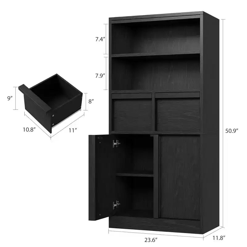Mobiletto da bagno alto, Armadietto da terra con ante e 2 cassetti, Organizzatore da bagno alto 130 cm autoportante per bagno, soggiorno