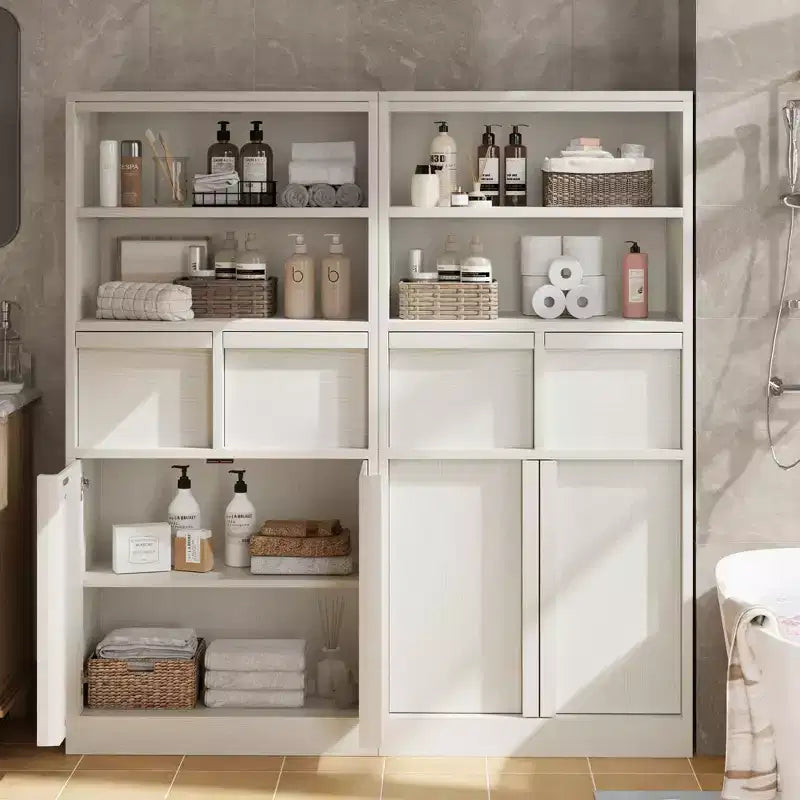 Mobiletto da bagno alto, Armadietto da terra con ante e 2 cassetti, Organizzatore da bagno alto 130 cm autoportante per bagno, soggiorno